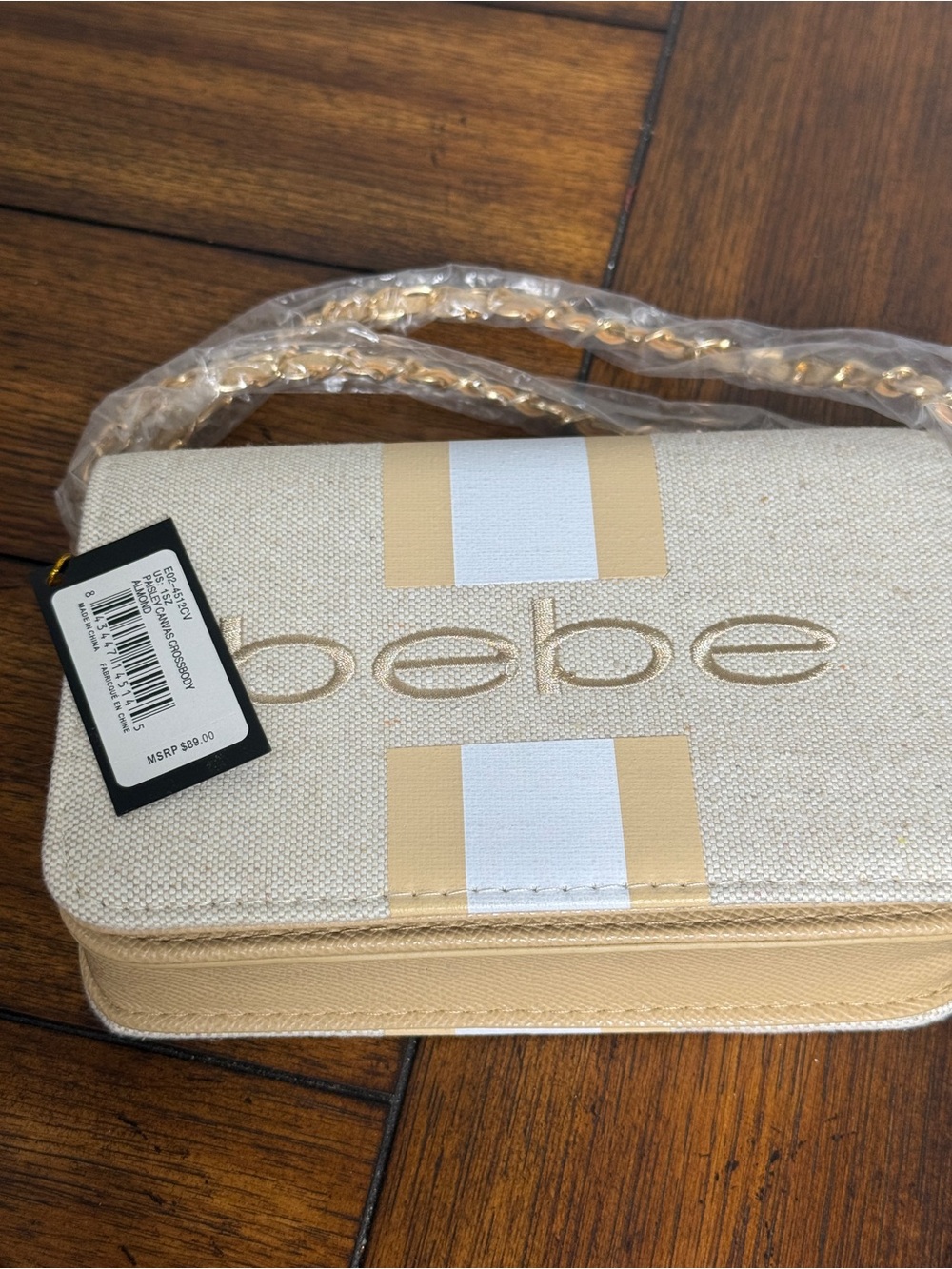 bebe Almond Logo Print Small Crossbody Bag Gold Chain & Detachable Strap Zip